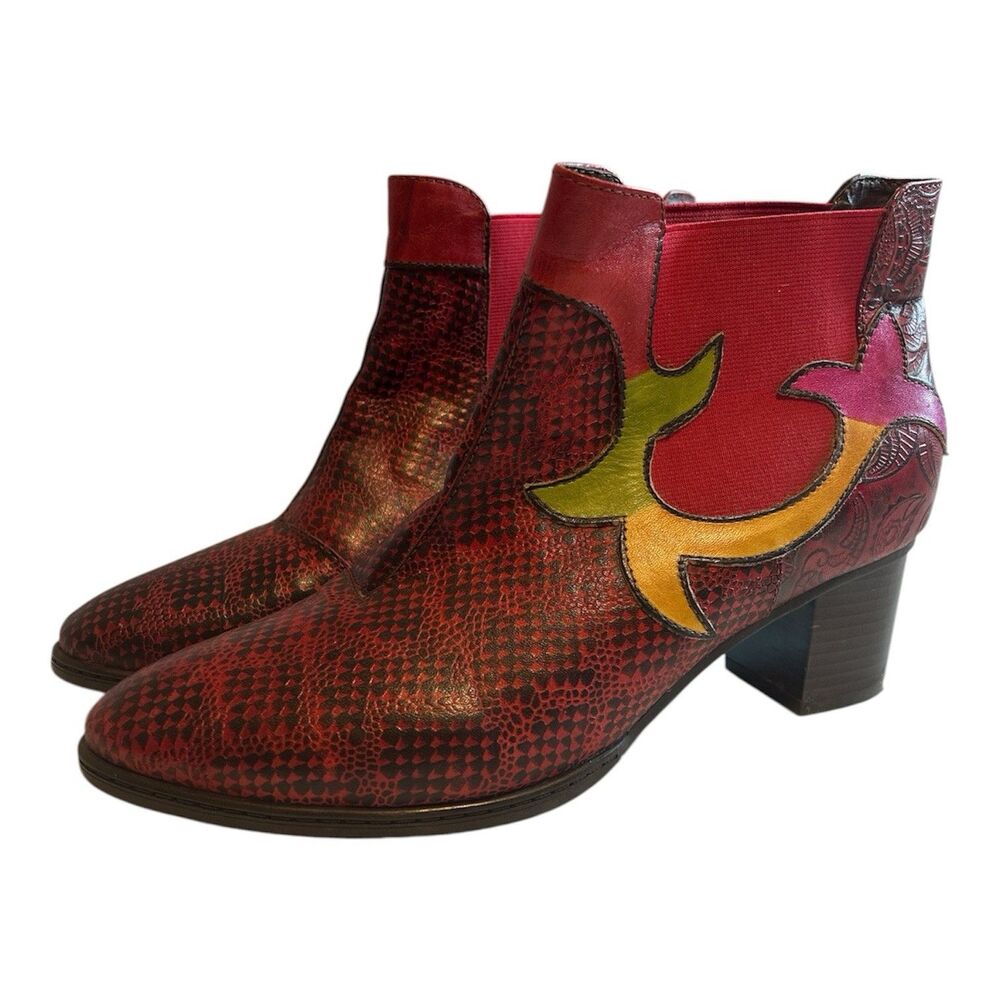 Socofy Womens Size 10.5 EU 41 Multicolor Leather Ankle Bootie Retro Art to Wear
